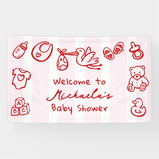 Doodle Whimsical Baby Dusche mit rosa und roter Ha Banner (Horizontal)