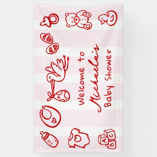 Doodle Whimsical Baby Dusche mit rosa und roter Ha Banner (Vertikal)