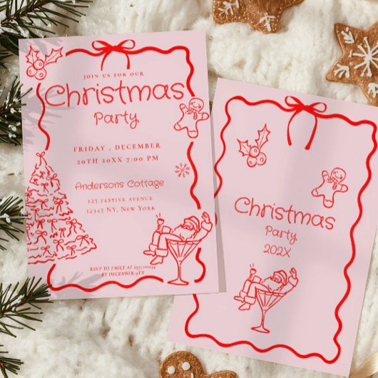 Doodle Whimsical Red Pink Weihnachtsfest Party Einladung