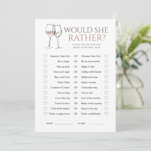 Doodle Wine Would She Rather Bridal Shower Game Einladung (Stehend Vorderseite)