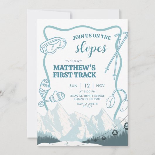 Doodle Winter Blue pastel Ski 1st birthday Einladung (Vorderseite)