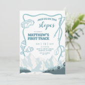 Doodle Winter Blue pastel Ski 1st birthday Einladung (Stehend Vorderseite)