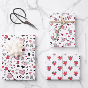Doodled Pink Heart Patterns Liebe Valentinstag Geschenkpapier Set
