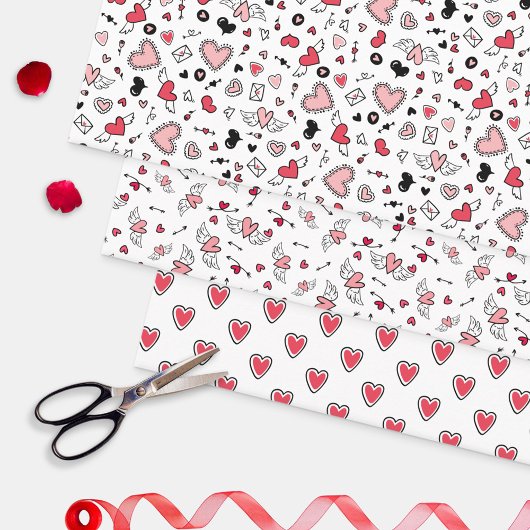 Doodled Pink Heart Patterns Liebe Valentinstag Geschenkpapier Set