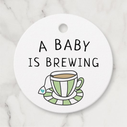 Doodled Tea Cup Blue Heart Ein Baby wird brauen Geschenkanhänger (Vorderseite)