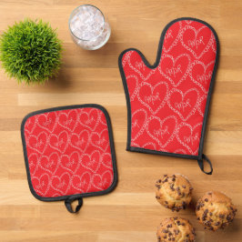 Doodles Black Hearts Valentinstag Rot Ofenhandschuh & Topflappen-Set