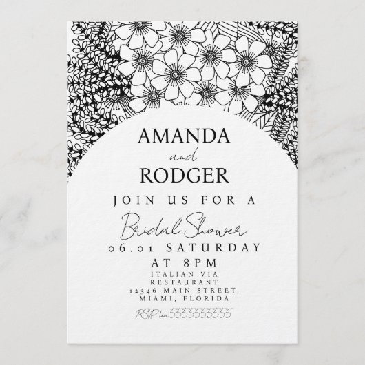 Doodles Florals Black White Bridal Shower Einladung (Vorderseite)