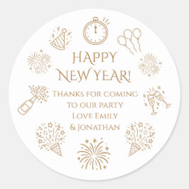 Doodles Gold text New Year Party Thank you  Runder Aufkleber