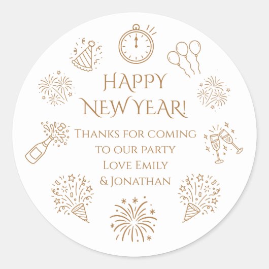 Doodles Gold text New Year Party Thank you Runder Aufkleber (Vorderseite)