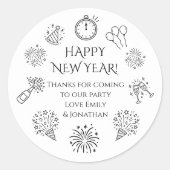 Doodles Schwarzer Text Neujahrsfeier Danke Runder Aufkleber (Vorderseite)