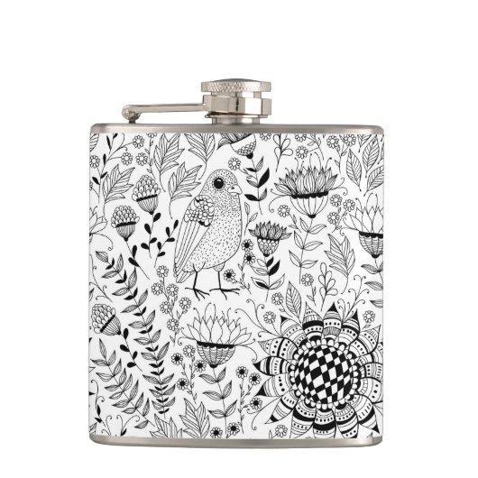 Doodmuster für Vögel und Blume Flachmann (Vorderseite)