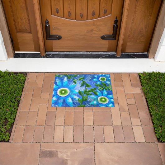 Door Mat mit Abstrakter blaugrüner Blütenkunst Fußmatte (Außenbereich)
