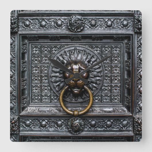 Doorknocker Löwe - Schwarz / Gold Quadratische Wanduhr (Vorderseite)