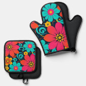 Dopamindekor - Bright Funky Blume-Retro Ofenhandschuh & Topflappen-Set (Vorderseite/Rückseite)