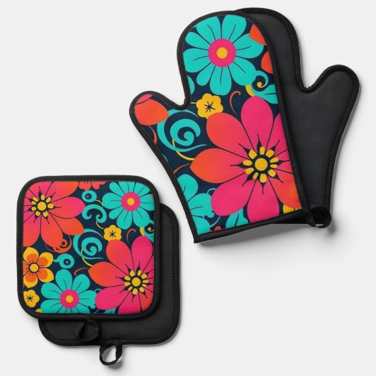 Dopamindekor - Bright Funky Blume-Retro Ofenhandschuh & Topflappen-Set (Vorderseite/Rückseite)