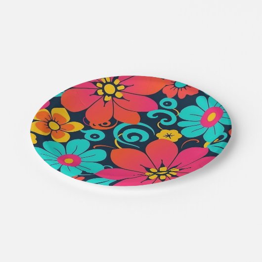 Dopamindekor - Bright Funky Blume-Retro Pappteller (Schrägansicht)
