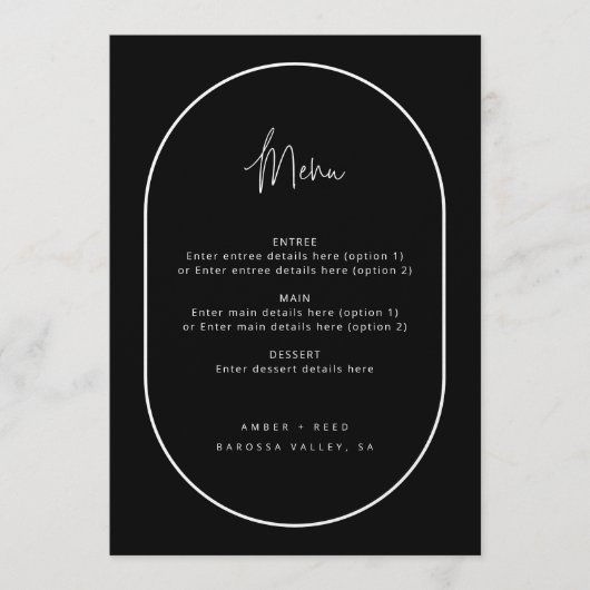 Doppel Arch Minimal Script Black Wedding Menü Menükarte (Vorderseite)