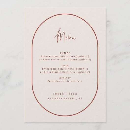 Doppel Arch Minimal Script Terracotta Wedding Menu Menükarte (Vorderseite)