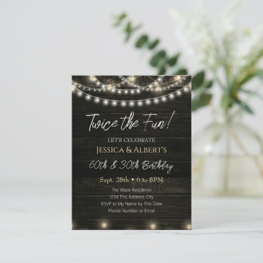 Doppel Birthday String Light Wood Einladung (Stehend Vorderseite)