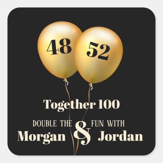 Doppel Celebration Joint Birthday Gold und Black Quadratischer Aufkleber (Vorderseite)