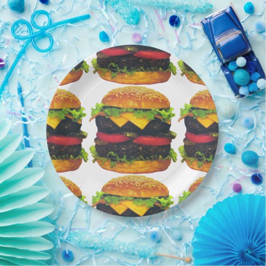 Doppel-Deluxe Hamburger mit Käsepapier-Tellern Pappteller (Party)