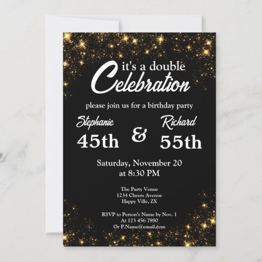 Doppel-Feier Joint Birthday Gold Black Einladung (Vorderseite)