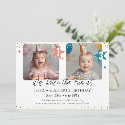 Doppel-Geburtstagskinder-Foto Einladung (Stehend Vorderseite)