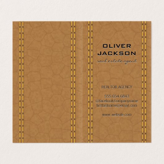 Doppel gestepptes Tan Leather Visitenkarten (Außenseite Aufgefaltet)