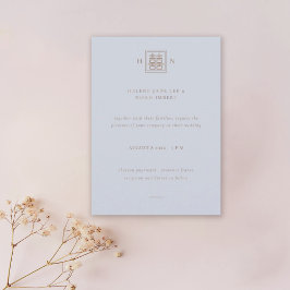 Doppel-Glück Dusty Blue & Gold chinesische Hochzei Einladung