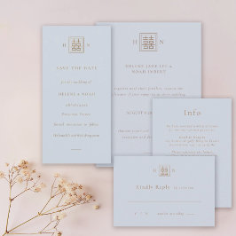 Doppel-Glück Dusty Blue & Gold chinesische Hochzei Save The Date