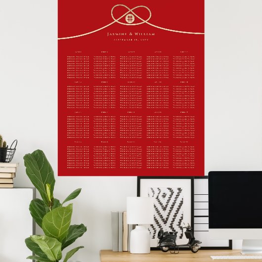 Doppel Glück Gold Knot Wedding Seating Chart Poster (Heimbüro)