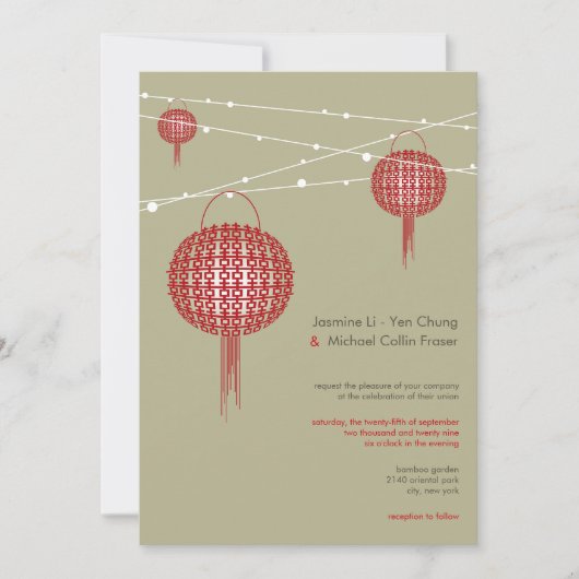Doppel Glück Red Lanterns Chic Chinese Wedding Einladung (Vorderseite)