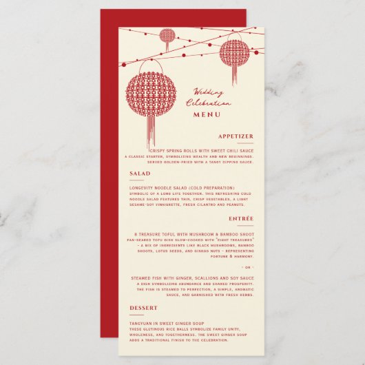 Doppel Glück Red Lanterns Chic Chinese Wedding Menükarte (Vorne/Hinten)