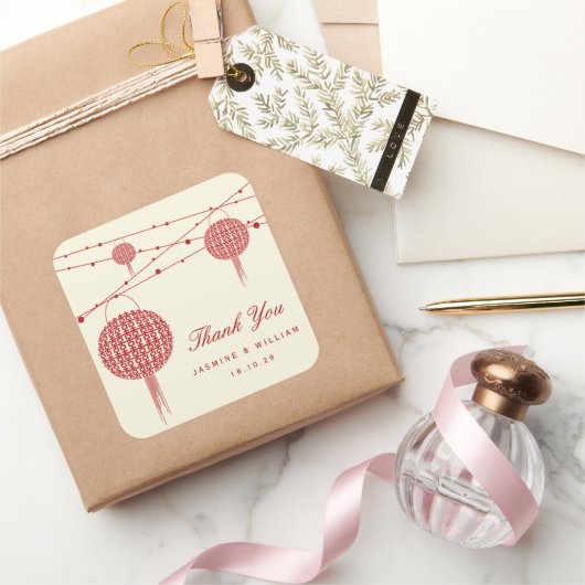 Doppel Glück Red Lanterns Chic Chinese Wedding Quadratischer Aufkleber (Schenken)