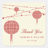 Doppel Glück Red Lanterns Chic Chinese Wedding Quadratischer Aufkleber (Vorderseite)