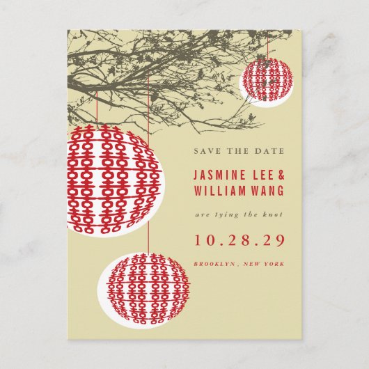 Doppel Happiness Lanterns Chinesisch Save the Date Postkarte (Vorderseite)