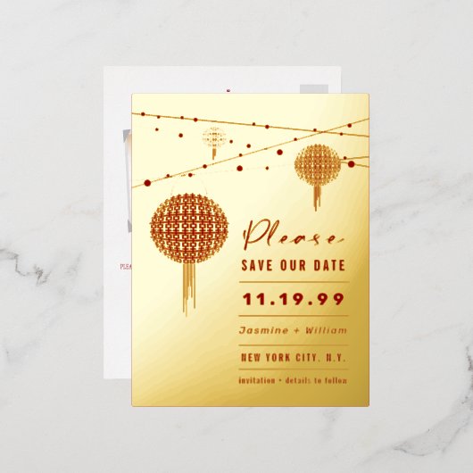 Doppel-Happy Lanterns Chinesisch Save the Date für Folie Einladungspostkarte (Vorderseite/Rückseite)