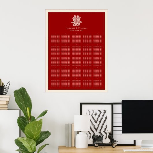 Doppel Happy Red Chinese Wedding Seating Chart Poster (Heimbüro)