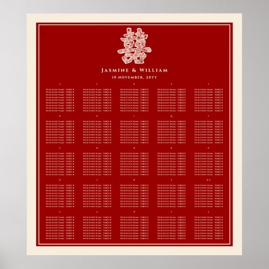 Doppel Happy Red Chinese Wedding Seating Chart Poster (Vorne)