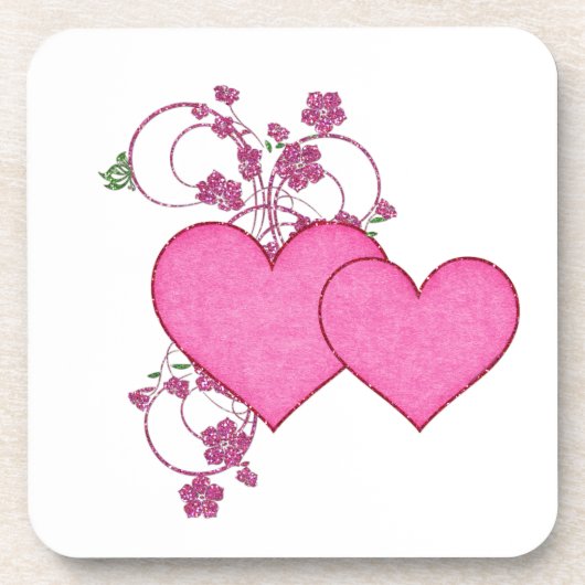 Doppel-Rosa Herz & Glitzer Design Valentinstag Untersetzer (Vorderseite)