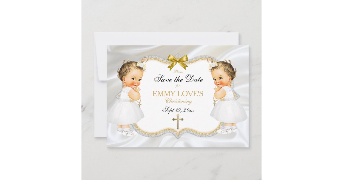 Doppelbaby Madchen Taufe Retten Datum Weisses Save The Date Zazzle De
