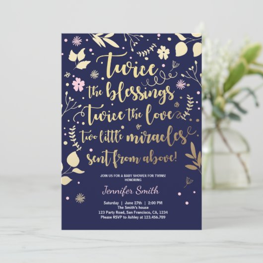 DoppelBabyparty-Einladungs-Goldrosa-Marine-Mädchen Einladung (Stehend Vorderseite)