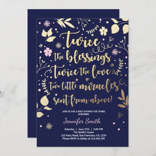DoppelBabyparty-Einladungs-Goldrosa-Marine-Mädchen Einladung (Vorne/Hinten)