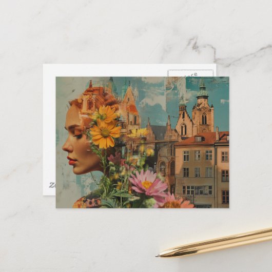 Doppelbelichtete Dame mit Blumen und Gebäuden Postkarte (Vorderseite/Rückseite Beispiel)