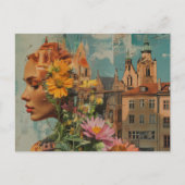 Doppelbelichtete Dame mit Blumen und Gebäuden Postkarte (Vorderseite)