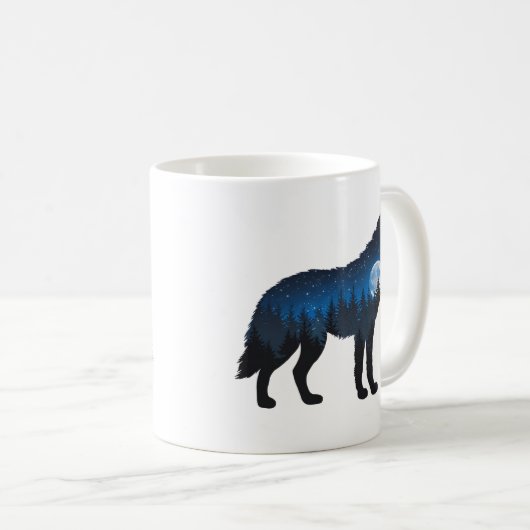 Doppelbelichtete Wolf Silhouette Monlit und Sterne Kaffeetasse (VorderseiteRechts)