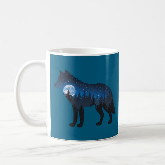 Doppelbelichtete Wolf Silhouette Monlit und Sterne Kaffeetasse (Links)