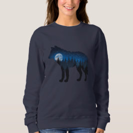 Doppelbelichtete Wolf Silhouette Monlit und Sterne Sweatshirt