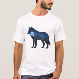 Doppelbelichtete Wolf Silhouette Monlit und Sterne T-Shirt