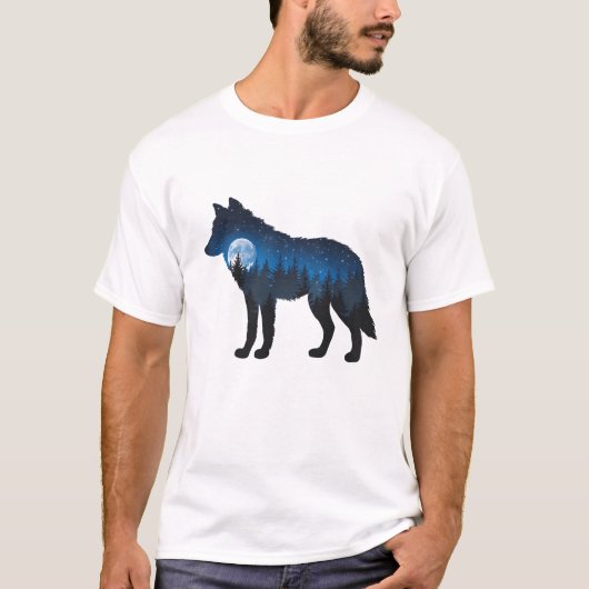 Doppelbelichtete Wolf Silhouette Monlit und Sterne T-Shirt (Vorderseite)
